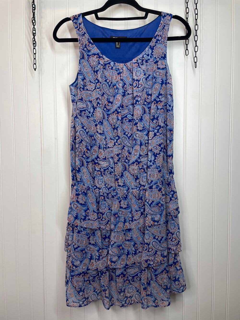 Mango Paisley Ruffled Mini Dress Blue Sleeveless Tiered Layered Size S